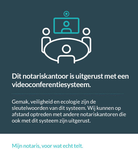 Dit notariskantoor is uitgerust met een videoconferentiesysteem. Gemak, veiligheid en ecologie zijn de sleutelwoorden van dit systeem. Wij kunnen op afstand optreden met andere notariskantoren die ook met dit systeem zijn uitgerust.